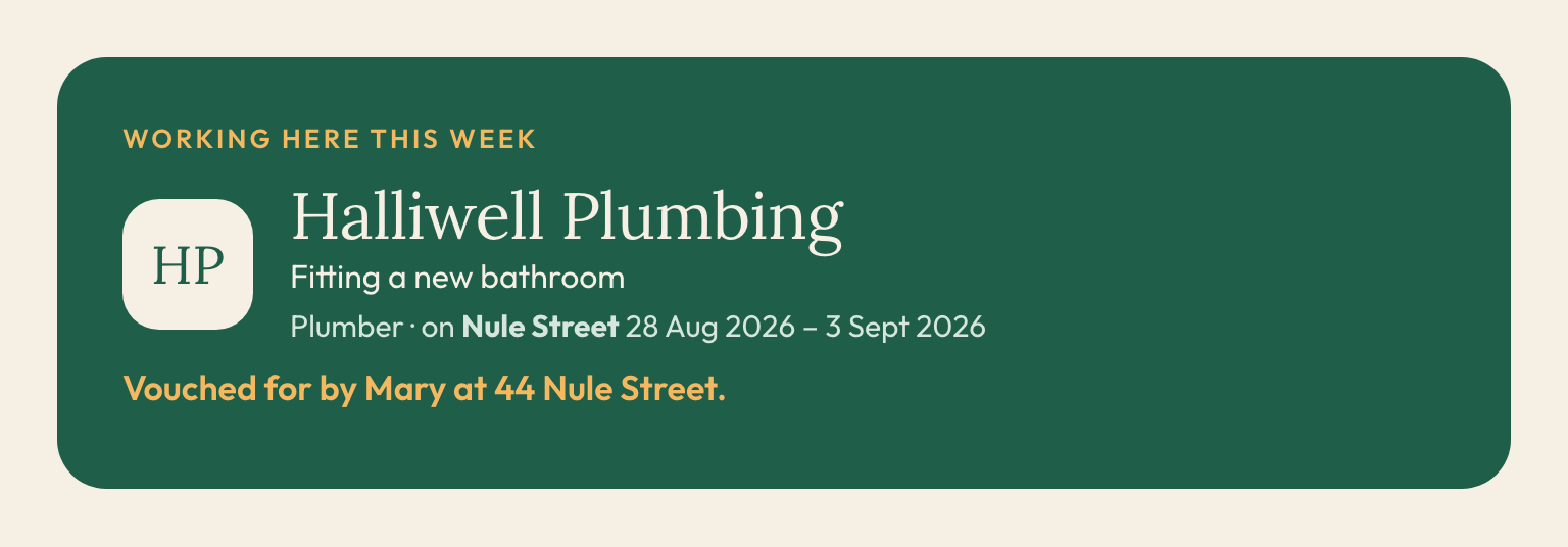 A trading sign showing a business working on a street this week